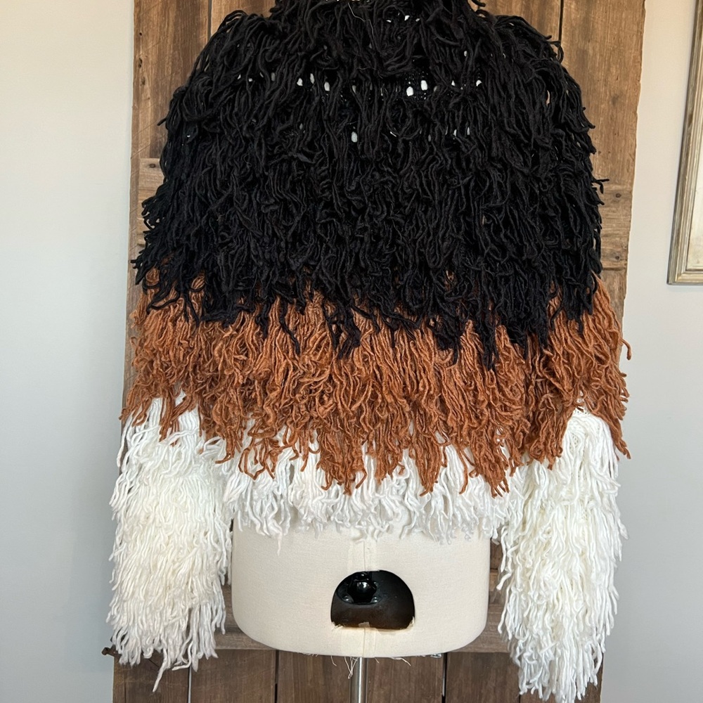 Dee Elly Size Small Wool Blend Color Block Fringe… - image 2